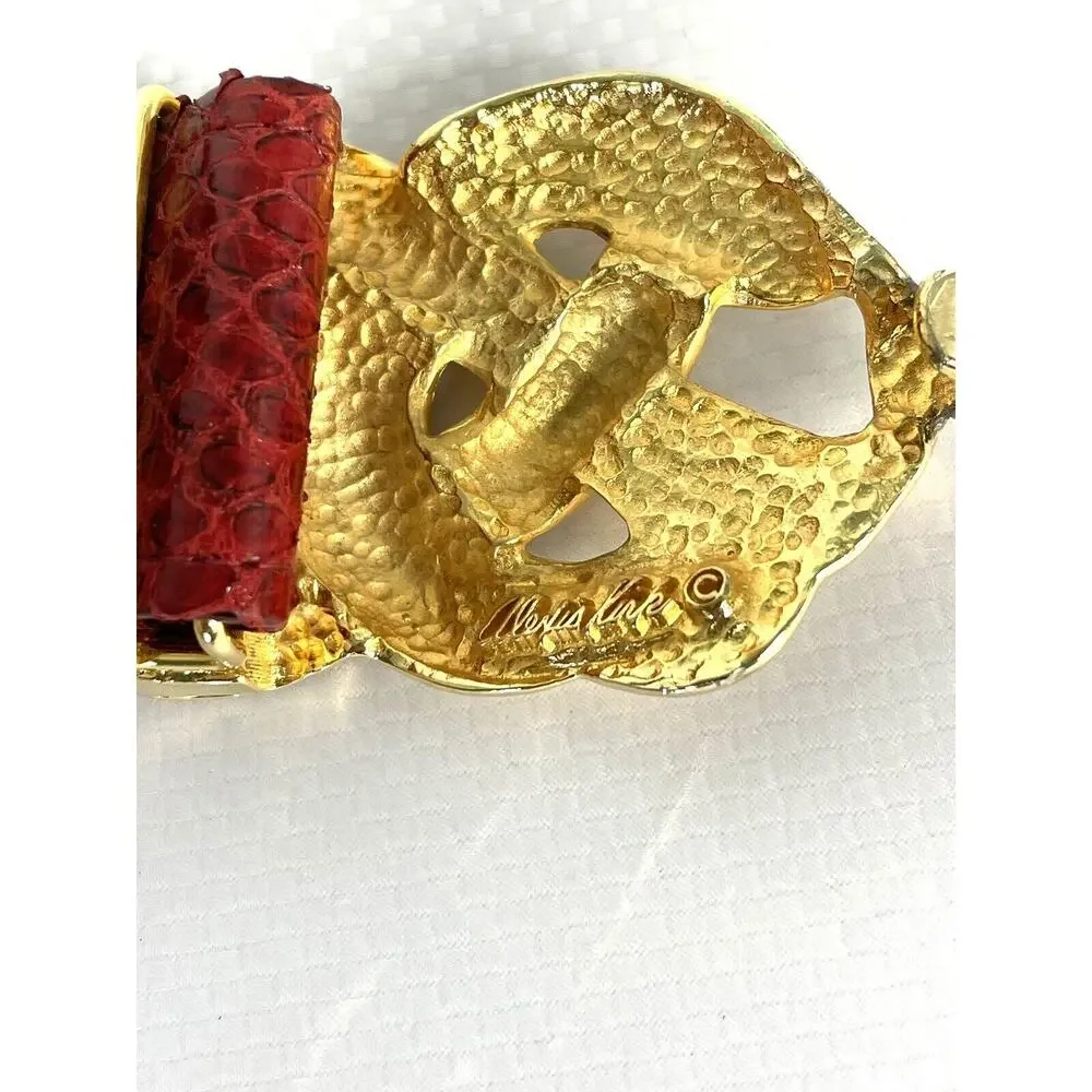 Adjustable Vintage ALEXIS KIRK 80s Red Reptile Gold Love Knot Buckle Belt Signed